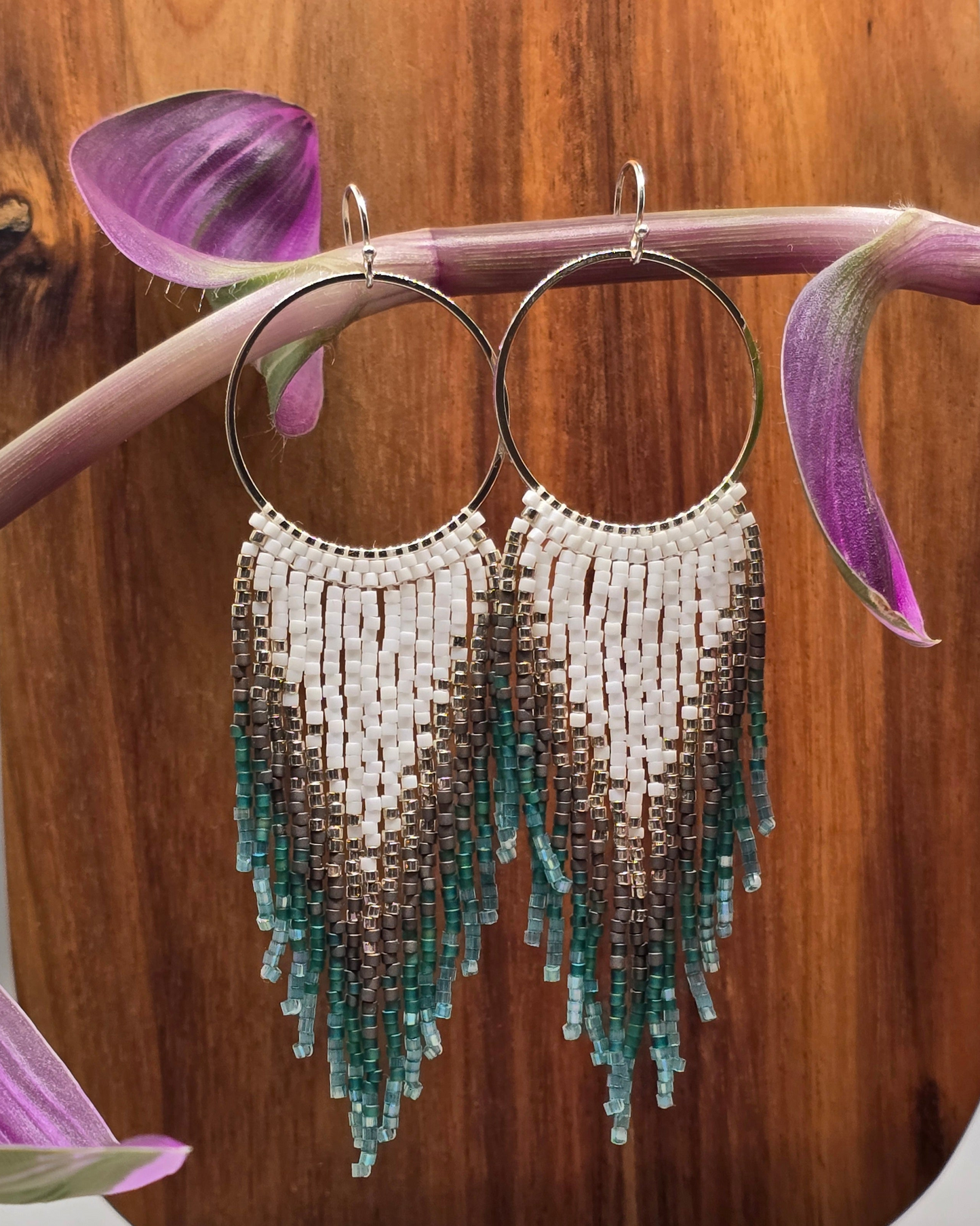 Green, Gray and Silver Fringe Earrings