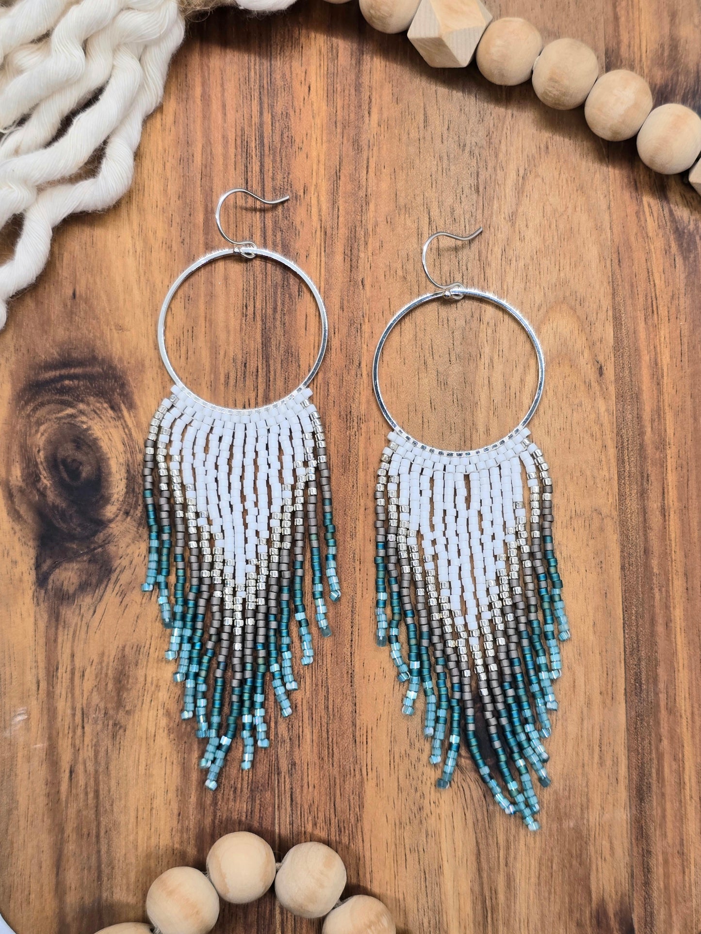 Green, Gray and Silver Fringe Earrings